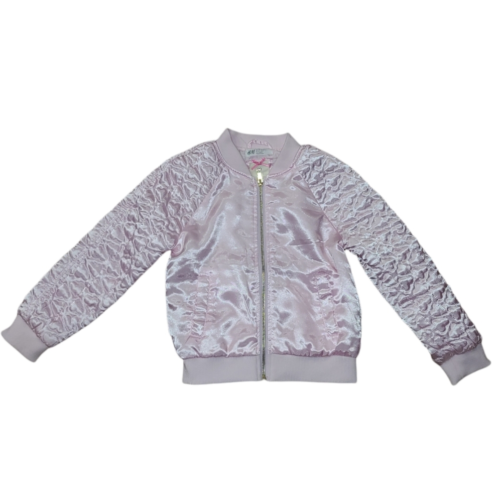 H&M Girls Light Pink Satin Bomber Jacket Quilted Heart Sleeves Size 6-7